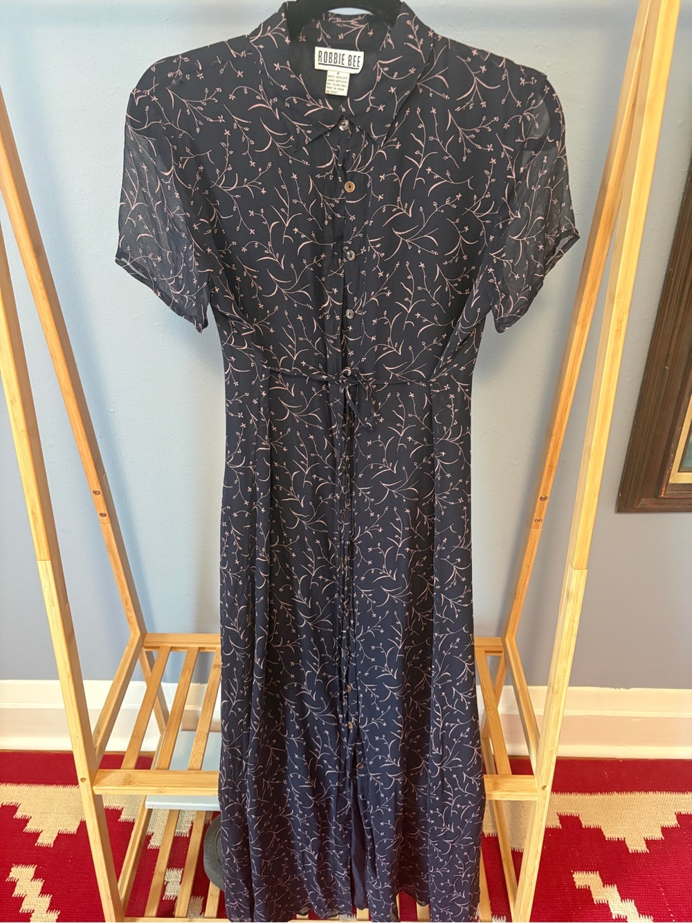 Robbie Bee Navy Silk Dress with Light Pink Vine Print